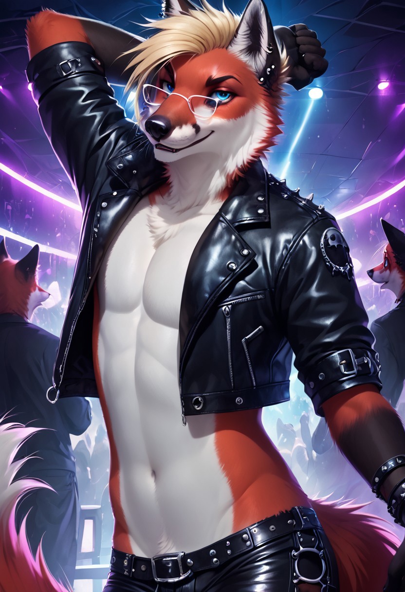 best quality, shaded, extreme detail, highly detailed, front view, top angle, big fluffy fox tail, score_9, score_8_up, score_7_up,
((best quality)), absurdres, anthro (male:1.4), (red fox:1.2), handsome, (short blonde punk hair, blue eyes:1.2), fur tuft, whiskers, at heavy metal night club, dancing, (black leather punk jacket, black metal band t-shirt, long black gothic leggings, silver jewellery, silver rings, silver bracelets, glasses:1.2), indoors, 8ubbl3w0lfpxl, charming smile, seductive expression, dynamic dancing pose, ultra detailed, intricate, dazzling blue eyes, detailed face, good anatomy, Perfect eyes, hands, 5 fingers at hands, best quality, shaded, extreme detail, highly detailed, ultradetailed, intricate, realistic, detailed background, hi res, realistic, photography, looks at the camera, night time, purple neon lighting, alcohol, busy alternative night club, anthro furry people dancing in background