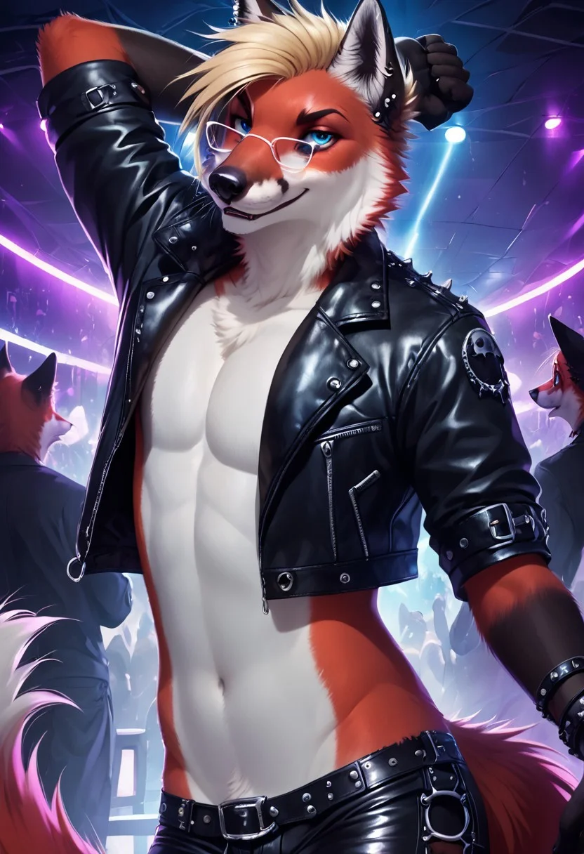 best quality, shaded, extreme detail, highly detailed, front view, top angle, big fluffy fox tail, score_9, score_8_up, score_7_up,
((best quality)), absurdres, anthro (male:1.4), (red fox:1.2), handsome, (short blonde punk hair, blue eyes:1.2), fur tuft, whiskers, at heavy metal night club, dancing, (black leather punk jacket, black metal band t-shirt, long black gothic leggings, silver jewellery, silver rings, silver bracelets, glasses:1.2), indoors, 8ubbl3w0lfpxl, charming smile, seductive expression, dynamic dancing pose, ultra detailed, intricate, dazzling blue eyes, detailed face, good anatomy, Perfect eyes, hands, 5 fingers at hands, best quality, shaded, extreme detail, highly detailed, ultradetailed, intricate, realistic, detailed background, hi res, realistic, photography, looks at the camera, night time, purple neon lighting, alcohol, busy alternative night club, anthro furry people dancing in background