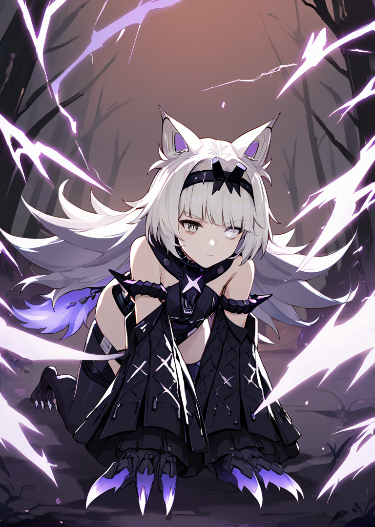 score_9, score_8_up, score_7_up, source_anime, 21feralscent, black leotard, spiked armlet, black sleeves, black collar, black hairband, black thighhighs, hip straps,
wolf ears, long hair, white hair, grey eyes, purple eyes, heterochromia, claws (weapon), purple lightning, all fours, feral pose, wolf tail, subsurface scattering
BREAK grey forest
 <lora:feralscent-step00001600:1>