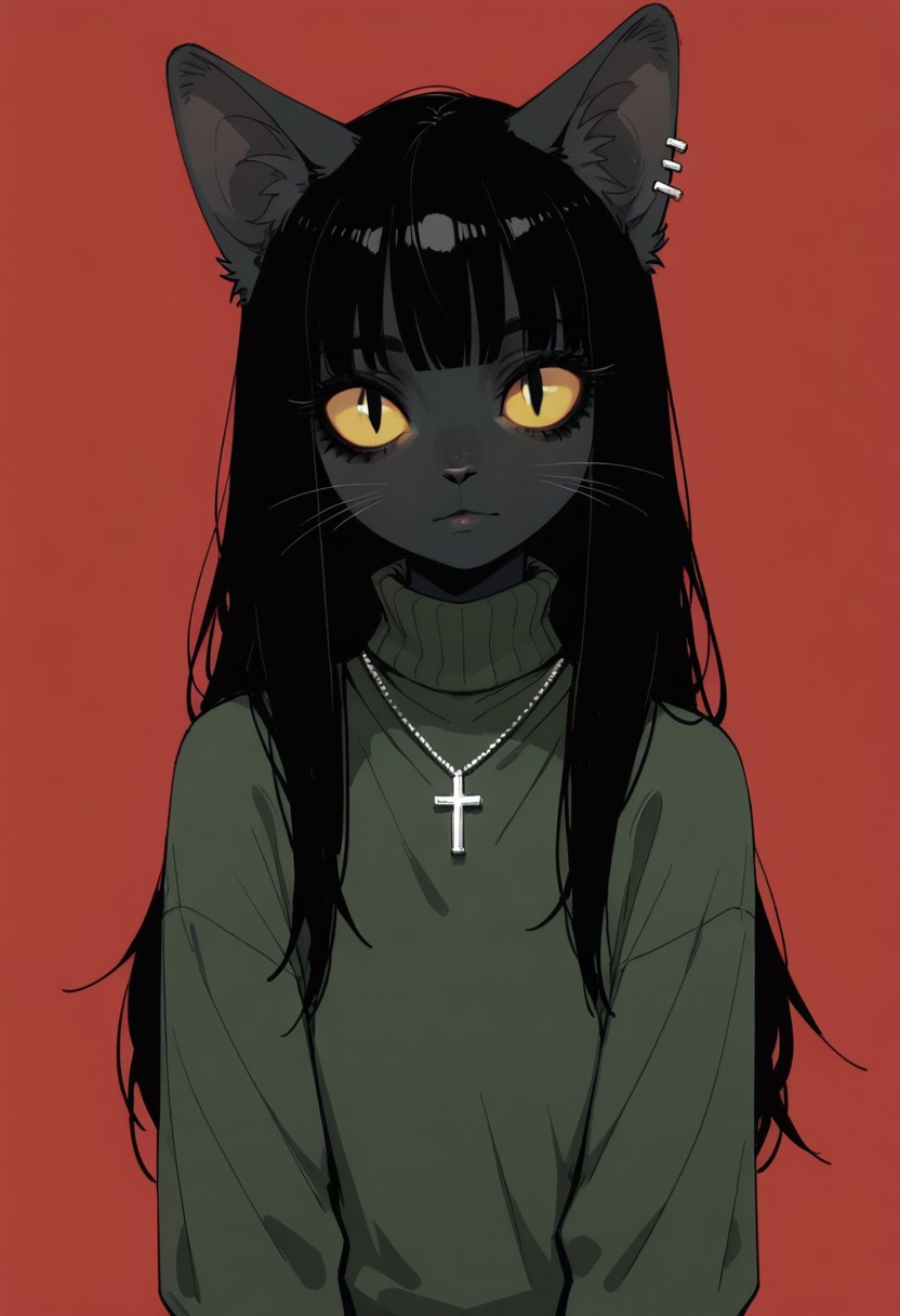 masterpiece,best quality,amazing quality, 1girl, solo, long hair, looking at viewer, simple background, black hair, animal ears, closed mouth, jewelry, upper body, earrings, cat ears, blunt bangs, necklace, sweater, turtleneck, cat girl, portrait, cross, slit pupils, furry, red background, colored sclera, furry female, turtleneck sweater, body fur, animal nose, cross necklace, green theme, yellow sclera, whiskers, haiz_ai, no lineart,no outline,