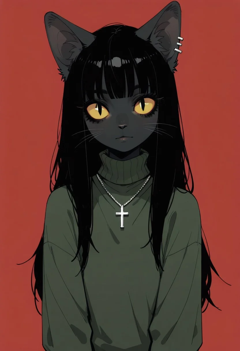 masterpiece,best quality,amazing quality, 1girl, solo, long hair, looking at viewer, simple background, black hair, animal ears, closed mouth, jewelry, upper body, earrings, cat ears, blunt bangs, necklace, sweater, turtleneck, cat girl, portrait, cross, slit pupils, furry, red background, colored sclera, furry female, turtleneck sweater, body fur, animal nose, cross necklace, green theme, yellow sclera, whiskers, haiz_ai, no lineart,no outline,