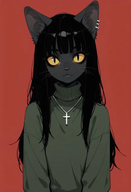 masterpiece,best quality,amazing quality, 1girl, solo, long hair, looking at viewer, simple background, black hair, animal ears, closed mouth, jewelry, upper body, earrings, cat ears, blunt bangs, necklace, sweater, turtleneck, cat girl, portrait, cross, slit pupils, furry, red background, colored sclera, furry female, turtleneck sweater, body fur, animal nose, cross necklace, green theme, yellow sclera, whiskers, haiz_ai, no lineart,no outline,