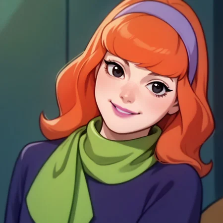 score_9, score_8_up, score_7_up BREAK DaphneCl, 1girl, orange hair, black eyes, pink lipstick, lavender headband, green scarf, long-sleeved purple lavender shirt, lavender cuffs, purple skirt, lavender hemline, pink tights, purple shoes, smiling at viewer,