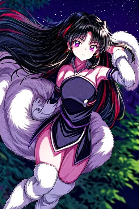 masterpiece, best quality 1girl Setsun4 solo long hair, (night time) forest background black hair very long hair purple eyes multicolored hair armor (fur trim) (medium body),<lora:EMS-179-EMS:0.800000>,<lora:EMS-293862-EMS:0.800000> cleavage, bracers, cape, fur boots