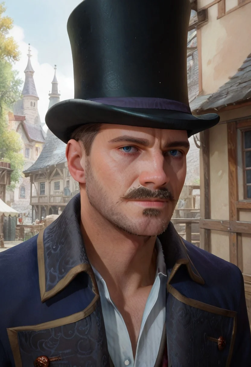 score_9, score_8_up, vest, top hat, coat, mustache, facial hair, white shirt, blue eyes, VictorRookwood, portrait, looking at viewer, old english town, smirk, Expressiveh,