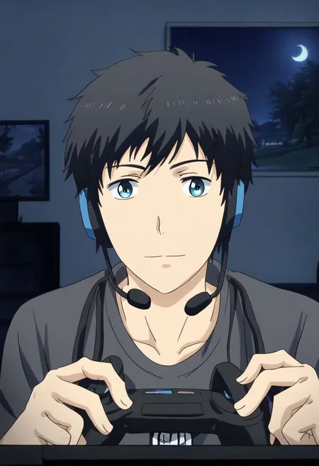 high resolution, solo, best quality, 1Boy, Arata Kaizaki, Black Hair, Blue Eyes, gamer, bedroom, night, pc, sit, headset, portraits, OverallDetail