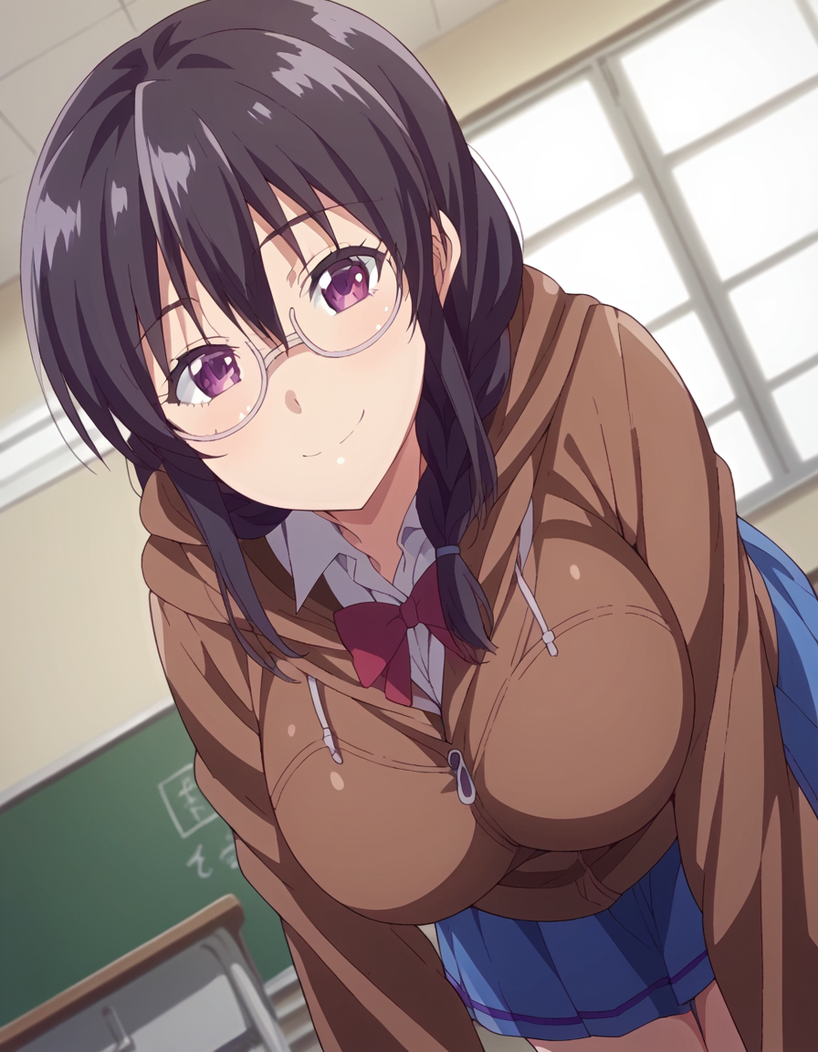 score_9, score_8_up, score_7_up, source_anime,
fumikasaitou, <lora:fumika-saitou-ova-ponyxl-lora-nochekaiser:1>,
fumika saitou, long hair, black hair, purple eyes, braid, glasses, single braid, hair over shoulder, large breasts,
school uniform, jacket, brown jacket, hood, hoodie, brown hoodie, hood down, long sleeves, skirt, blue skirt,
indoors, classroom, bent over, smile,
solo, dutch angle, looking at viewer, cowboy shot,