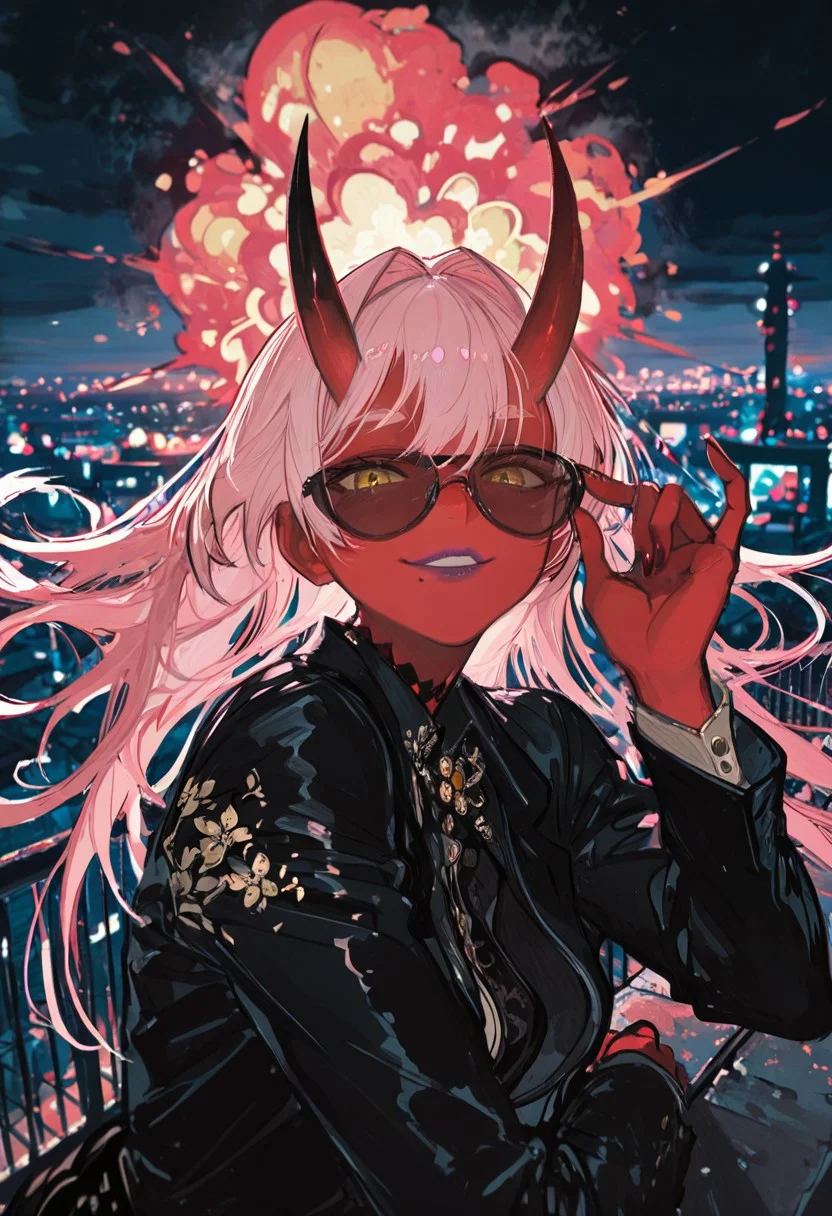 masterpiece, best quality, good quality, very awa, newest, highres, absurdres, 1girl, limited palette, 
BREAK
sexy, slutty, hot, aroused, 
Aka-Oni, oni, colored skin, red skin, smooth horns, black horns
BREAK
flirting:2.0, flower,
BREAK
(EyesHD:1.2), (4k,8k,Ultra HD), masterpiece, best quality, ultra-detailed, very aesthetic, sharp focus, depth of field, ray tracing, best lighting, detailed illustration, detailed background, cinematic, beautiful face, beautiful eyes, 
BREAK
 portrait, adjusting eyewear, deal with it \(meme\), parody, sunglasses, 5 fingers, close-up, parted lips, teeth, confident, smile, three quarter view, pink hair, long hair, hair intakes, purple lips, thick eyebrows, mole under mouth, yellow eyes, black blazer, outdoors, on rooftop, cityscape, neon lights, night, dark, explosion, explosion on background, night, nuclear weapon, wind, floating hair,