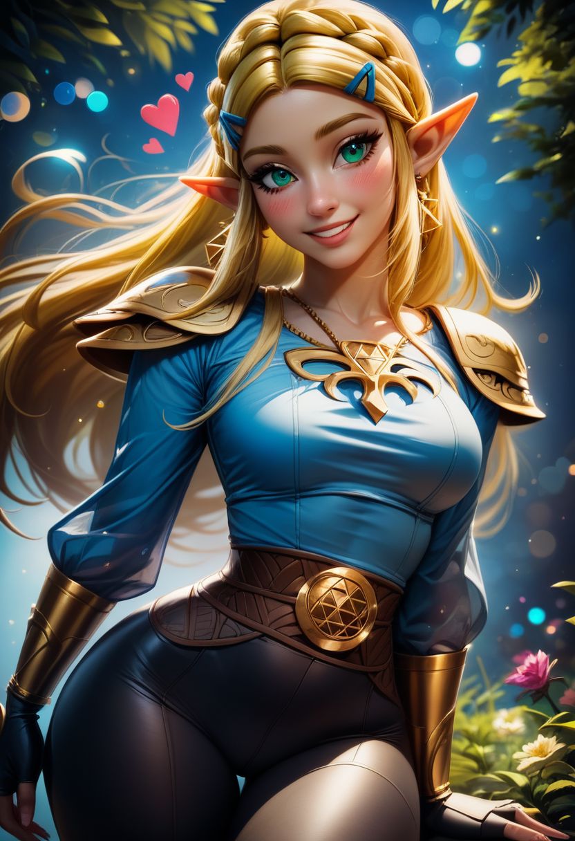 score_9, score_8_up, score_8, medium breasts, 
(ultra realistic,32k, masterpiece:1.2),(high detailed skin:1.1),( high quality:1.1), 
(curvy), cute, eyelashes, 
princess zelda, solo, long hair, green eyes, crown braid, hairclip, pointy ears, blue shirt, long sleeves, fingerless gloves, black gloves, black pants, tight pants, smile, curvy, head tilt, hearts, blush,
bokeh,