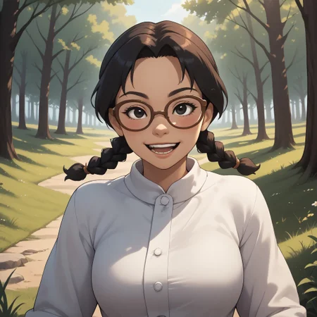 score_9, score_8, BREAK, solo, mii, wii, black eyes, brown glasses, small nose, half circle nose, big mouth, open mouth, teeth, mole under mouth, black hair, low braids, white clothing, black pants, shoes, blush, 1girl, female mii, cute, medium breasts, keiko_(\Wii_Sports\), wii Sports, Nintendo Mii, modern_mii, classic_mii, sexy pose, self portrait, smile, outdoors, sunlight, shadows, evening lighting, natural lighting, forest, trees, grass, orange sky, sunset