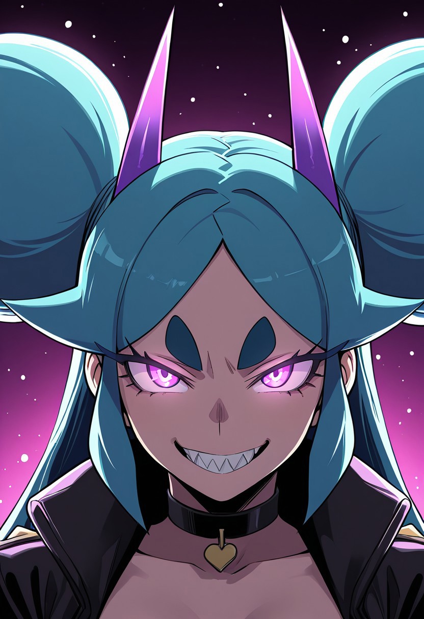 (masterpiece, best quality:1.3),1girl,(shr1mb4ll,double bun,purple horns,aqua hair, thick eyebrows,hair flaps,afro puffs,purple eyes,sharp teeth,sidelocks),(shr1mb4ll br4wl3r),BREAK,contrapposto, evil grin,glowing eyes, looking at viewer,close-up, rim lighting, soft shadows,glowing particles