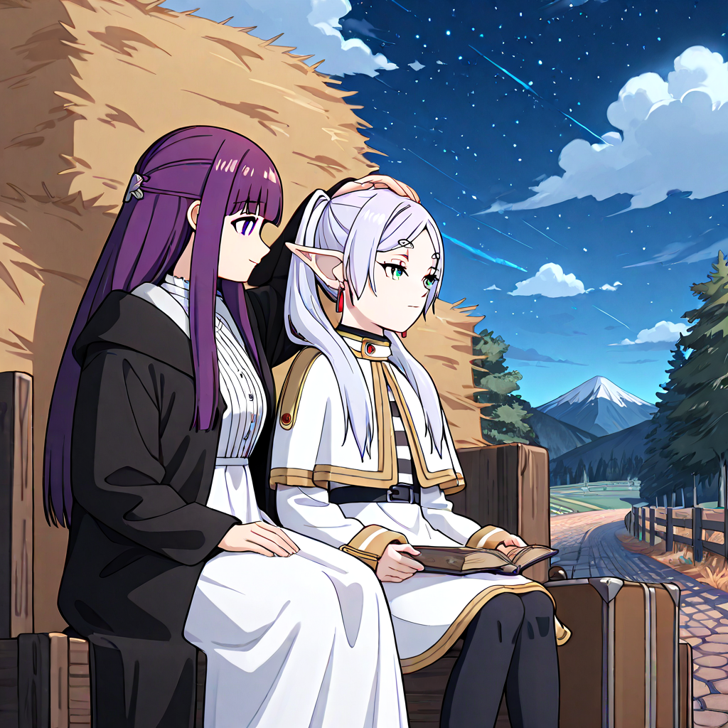 absurdres, sensitive, 2girls, frieren, fern, sitting, hay cart, hay, wagon, elf, grey hair, twintails, capelet, black pantyhose, purple hair, long hair, straight hair, white dress, long sleeves, robe, open book, holding book, suitcase, sky, cloud, tree, rural, fence, mountain, stone road, hand on another's head, headpat, night, from side, smile, expressionless, <lora:haycart_ilxl:1>