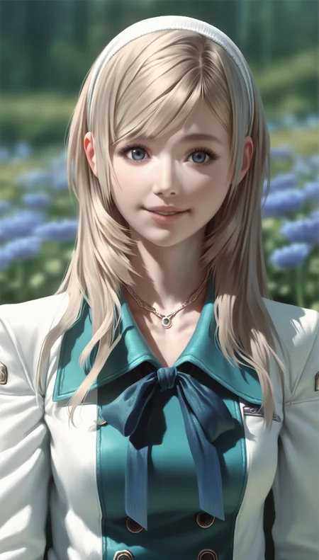 score_9,score_8_up,score_7_up,
<lora:Leanne:0.9>,
highres,photorealism,
1girl,solo,blonde hair,long hair,bangs,white hairband,dark blue neck ribbon,blue eyes,looking at viewer,smile,parted lips,white coat with teal accents,necklace,portrait,
outdoors,flowers in background,blurry background,bloom,