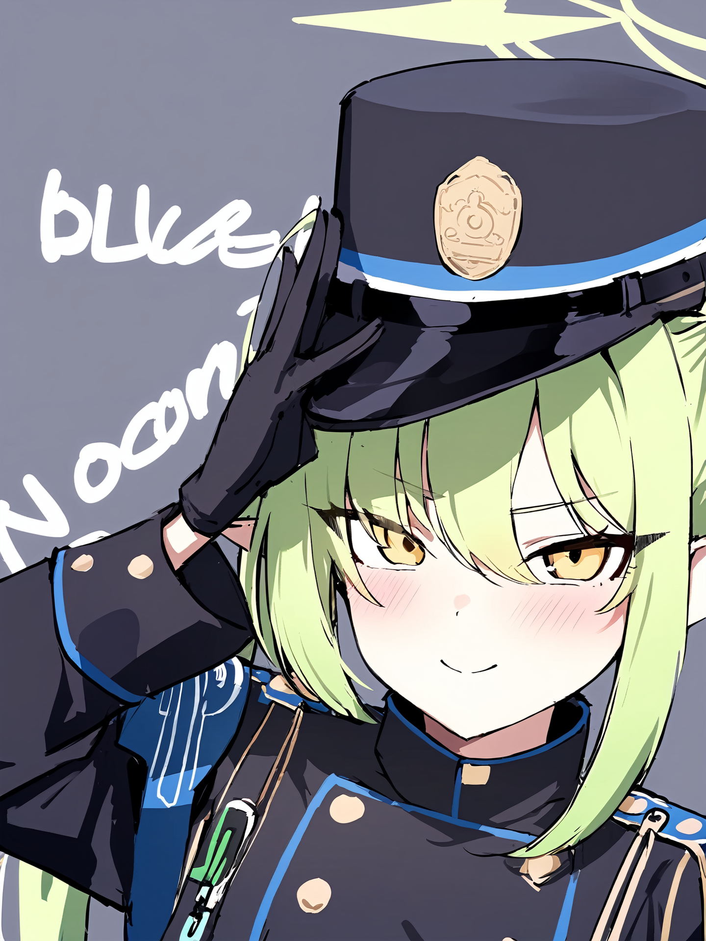 1girl,nozomi \(blue archive\), blue archive, solo, long hair, hat, green hair, pointy ears, halo, yellow eyes, peaked cap, jacket, black gloves, hand on own hip, closed mouth, hair over one eye, looking at viewer, brown necktie, large breasts, eyes visible through hair, smile, long sleeves, side ponytail, gloves, upper body, light green hair, character name, necktie, breasts, english text, blush, black headwear, white jacket,
masterpiece,best quality,  newest, absurdres, safe   <lora:eps_twin_fp8-000028:1>