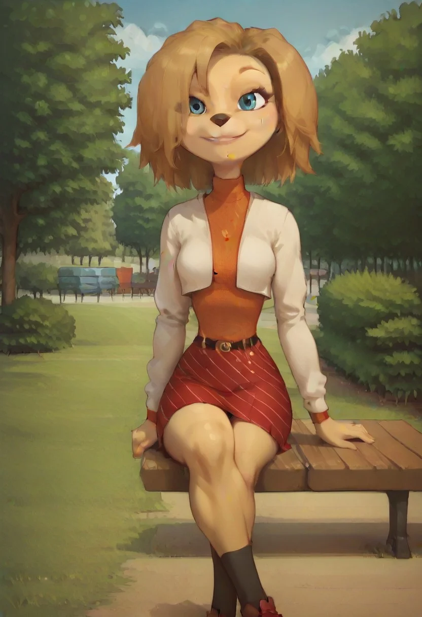 score_9, score_8_up
outdoors, street, park
1girl, canine, female, medium breasts, solo, mini skirt, sport top
sitting on bench, crossed legs, smile