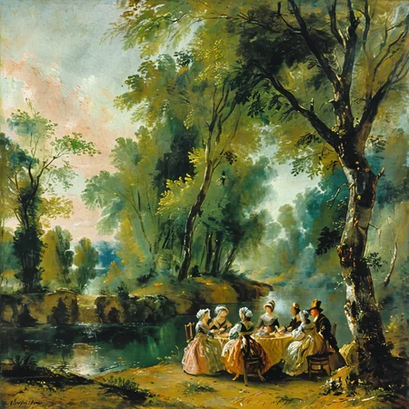 Painting of a family on an afternoon picnic <lora:tbh124-sdxl:1> style of Jean-Antoine Watteau