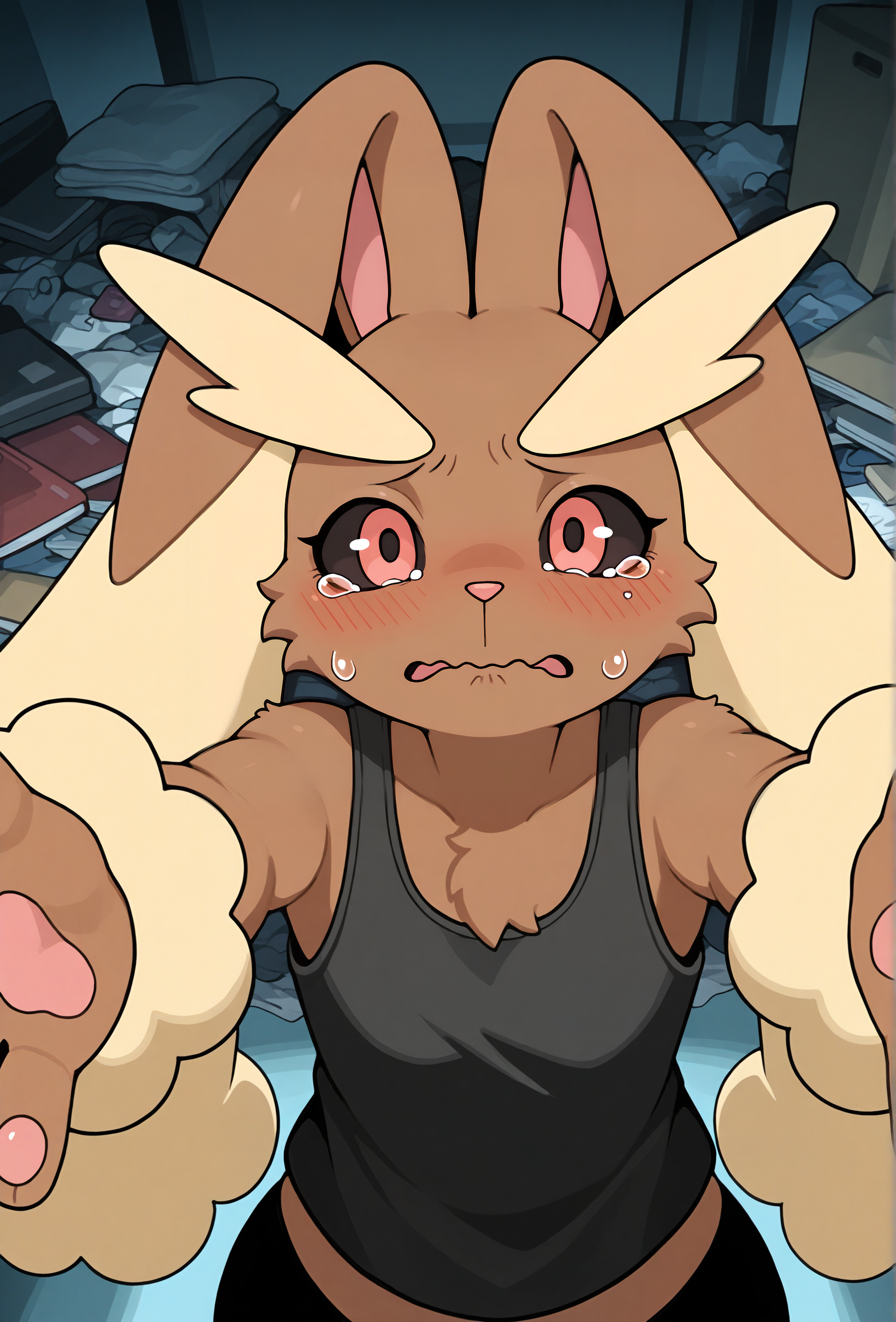 masterpiece,best quality,amazing quality, <lora:menthak0_style_illustrious_v1f:1> mk0style, 1girl, furry, furry female, anthro, body fur, fur tuft, lopunny, embarrassed, tearing up, looking at viewer, wavy mouth, crying BREAK
messy room, tank top, outstretched arms, male pov