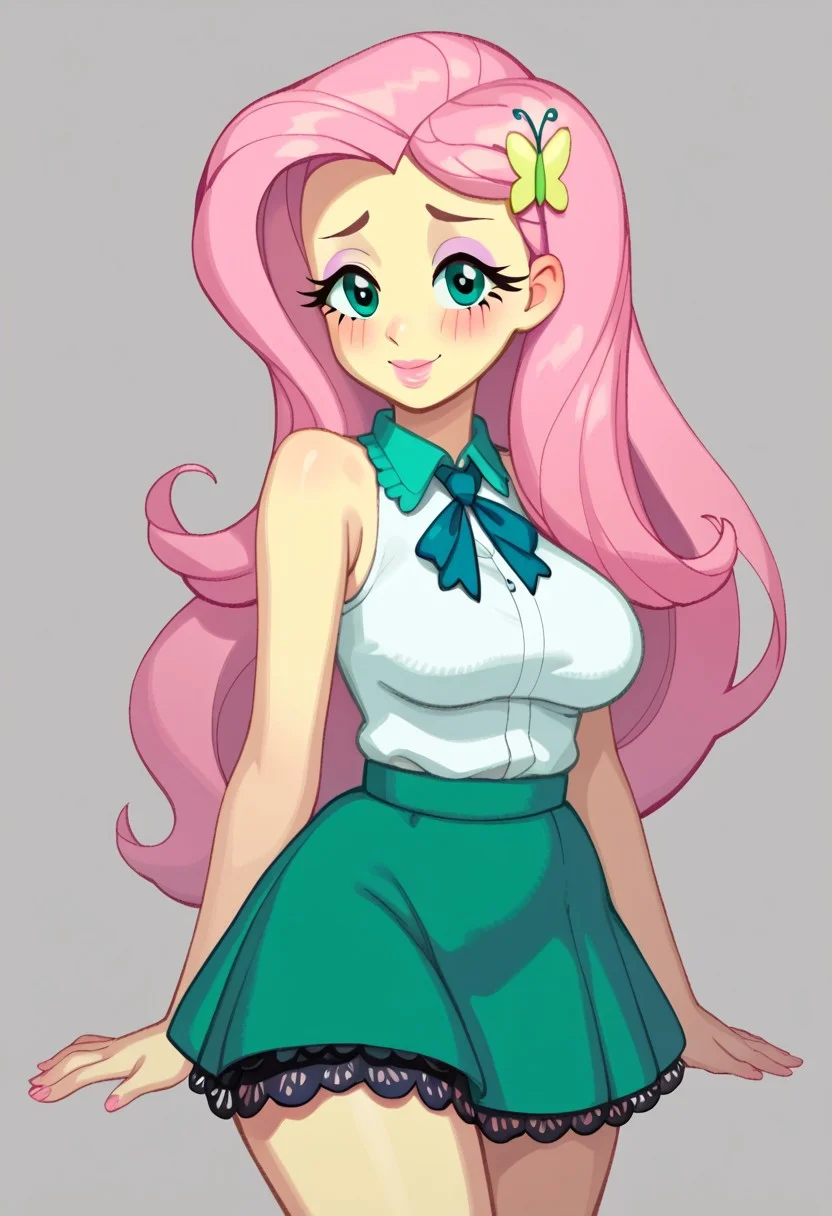 score_9, score_8_up, score_7_up, score_6_up, score_5_up, score_4_up, source_cartoon, <lora:confetti-extract- ponyxl:0.85>, detailed eyes, easynegative, rating_explicit, Expressiveh, 1girl, solo, blush, pink lips
fluttershy, long hair, Big breasts, looking at viewer, blush, hair ornament, pink hair, thighs, aqua eyes, eyelashes, butterfly hair ornament, yellow skin, eyeshadow, butterfly, colored skin, purple eyeshadow, smiling at viewer, shirt, skirt, white shirt, sleeveless, sleeveless shirt, bare shoulders, plain shirt, green skirt, butterfly print lace-trimmed skirt, miniskirt, bare arms,