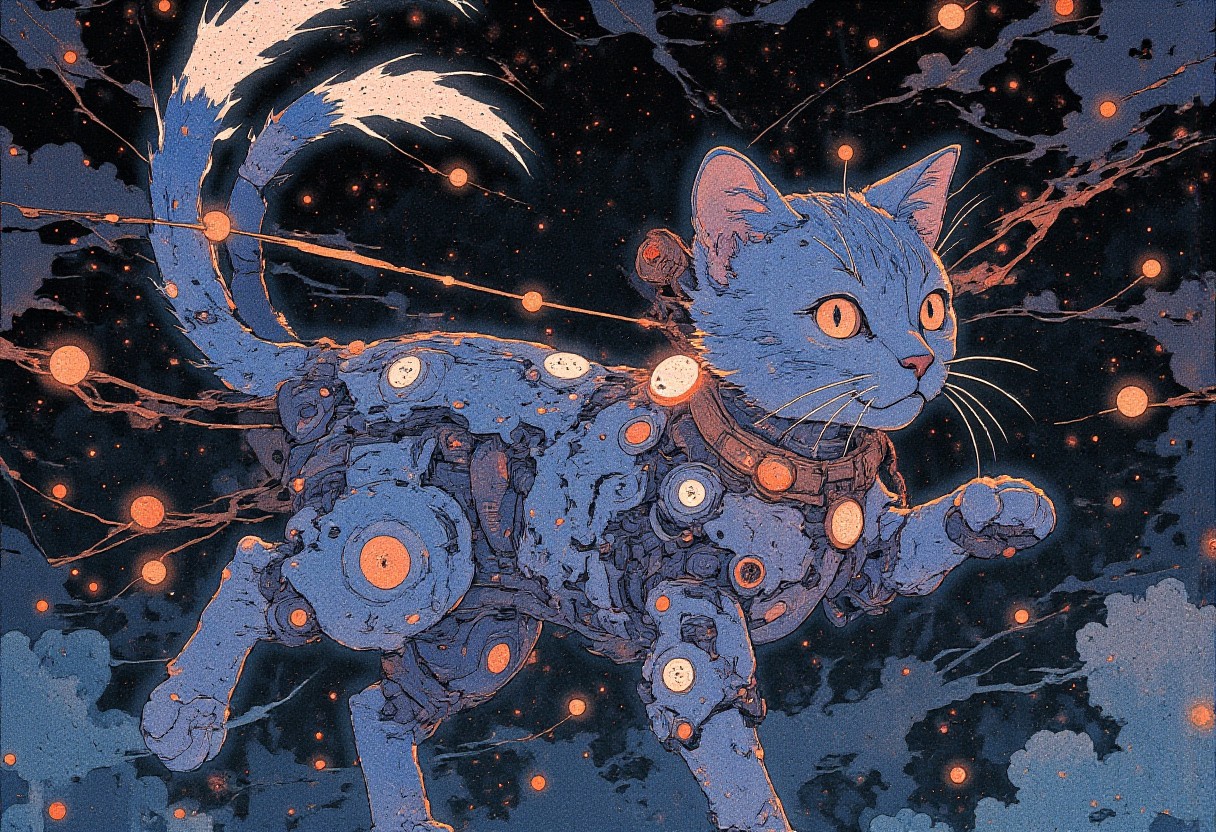 A whimsical celestial kitten floating gracefully in a sea of dark space, its ethereal form constructed entirely of glowing numerical digits. The kitten's body is a dynamic swirl of ones, twos, and threes, curling and looping to create a sense of soft, plush fur. Its eyes, twin orbs of zeroes, gleam with a playful intelligence, reflecting the distant stars scattered across the cosmic backdrop. A tail of alternating digits—fives and nines—waves behind it, trailing off into infinity. The creature's paws are delicately crafted from fours and sixes, with digits extending into tiny claws that appear ready to navigate the numerical cosmos. Suspended around its neck is a collar made of alternating eight and two figures, which, when combined, create an infinity symbol. As the kitten reaches out with its digit-laden paw, the viewer can almost feel the warmth of its touch. The background is a mesmerizing tapestry of galaxies, nebulae, and swirling cosmic dust, with the occasional numbered star twinkling in the vast expanse. The overall effect is one of playful curiosity and boundless potential, as this feline embodiment of numerical wonder explores the infinite realms of the universe.
<lora:Anime v1.3:1.2> <lora:Blue_Future:0.9> <lora:Ethereal_Brush_Anime_v1.0:0.6> <lora:It's a LoRA for portraits, BUT! actually specialized in backgrounds. v1.0:0.2>