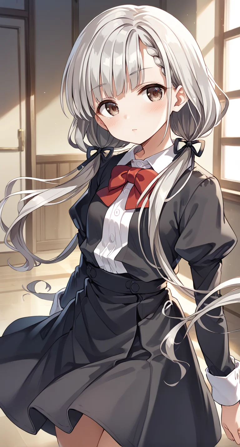 score_9,score_8_up,score_7_up,
official art,official style,game cg,megami magazine,
uncensored,
1girl,
hskwng school,hisakawa nagi,
asymmetrical bangs,bow,bowtie,braid,braided bangs,grey hair,hair ribbon,
juliet sleeves,long hair,long sleeves,puffy sleeves,red bow,red bowtie,ribbon,
twintails,black ribbon,blush,brown eyes,collared shirt,
dress shirt,low twintails,shirt,skirt,white shirt,
black jacket,black skirt,black dress,
dress,
eyebrows visible through hair,
standing,
<lora:idolmaster_hisakawa_nagi_pony_v1:1>,