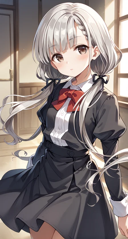 score_9,score_8_up,score_7_up,
official art,official style,game cg,megami magazine,
uncensored,
1girl,
hskwng school,hisakawa nagi,
asymmetrical bangs,bow,bowtie,braid,braided bangs,grey hair,hair ribbon,
juliet sleeves,long hair,long sleeves,puffy sleeves,red bow,red bowtie,ribbon,
twintails,black ribbon,blush,brown eyes,collared shirt,
dress shirt,low twintails,shirt,skirt,white shirt,
black jacket,black skirt,black dress,
dress,
eyebrows visible through hair,
standing,
<lora:idolmaster_hisakawa_nagi_pony_v1:1>,