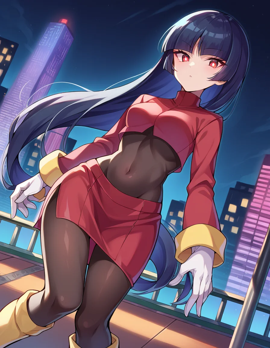 score_9, score_8_up, score_7_up, source_anime,
pokemonsabrina, <lora:pokemon-sabrina-ponyxl-lora-nochekaiser:1>
pokemonsabrina, black hair, long hair, bangs, blunt bangs, red eyes, hime cut, sidelocks, white pupils,
jacket, crop top, bodysuit, covered navel, midriff, red jacket, turtleneck, side slit, gloves, white gloves, long sleeves, pantyhose, skirt, red skirt, boots, red boots, socks, yellow socks, knee socks,
outdoors, cityscape,
looking at viewer, cowboy shot, dutch angle,