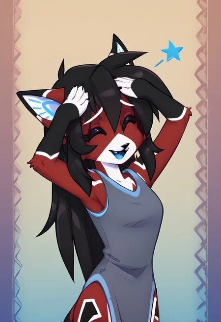 score_9, score_8_up, score_7_up, score_6_up, best quality, masterpiece, detailed, detailed body, Expressiveh, BREAK
<lora:ara_ponyXL_v1:1> ara, 1girl, cat girl, furry, red and white fur, black hair, BREAK
grey sleeveless tunic dress, petite body, slender body, furry female, solo, open mouth, teeth, tongue out, oekaki, chibi, toony, cute, colorful background, AhEtoBlehMeme, closed eyes, tongue out, :p, hands on own head, smile