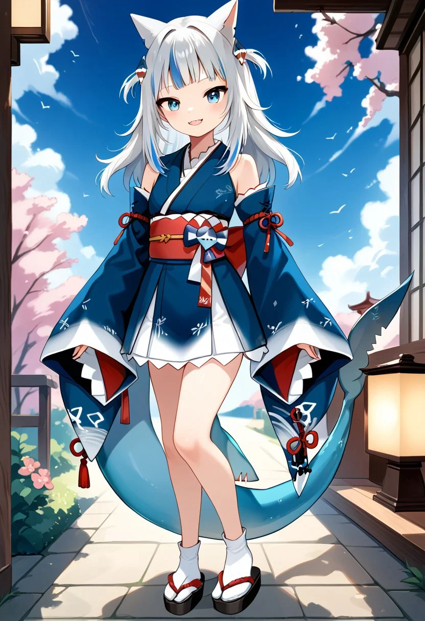 score_9, score_8_up, score_7_up, source_anime, beautiful detailed face, BREAK, GAWR GURA,
1girl, solo, looking at viewer, blush, smile, bangs, blue eyes,hair ornament, blue hair, tail, full body, grey hair, multicolored hair, detached sleeves, japanese clothes, virtual youtuber, kimono, two side up, streaked hair, sleeves past wrists, obi, sandals, tabi, fish tail, shark tail, shark girl, gawr gura