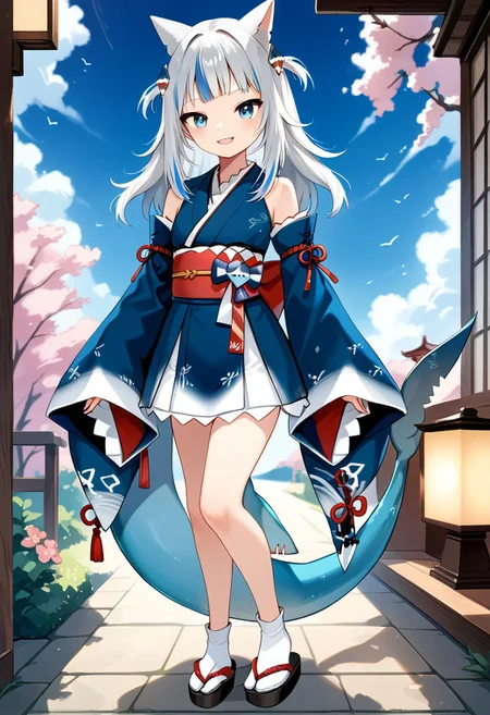 score_9, score_8_up, score_7_up, source_anime, beautiful detailed face, BREAK, GAWR GURA,
1girl, solo, looking at viewer, blush, smile, bangs, blue eyes,hair ornament, blue hair, tail, full body, grey hair, multicolored hair, detached sleeves, japanese clothes, virtual youtuber, kimono, two side up, streaked hair, sleeves past wrists, obi, sandals, tabi, fish tail, shark tail, shark girl, gawr gura