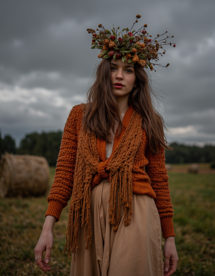 Photorealistic portrait in a fashion editorial style, featuring a female figure in a pastoral setting. She wears an elaborate headdress adorned with dried flowers and berries, and her long hair flows freely in the wind. Her attire includes an earthy-toned outfit with a textured, knitted overlay in rich shades of orange and brown, paired with a beige flowing skirt. The background showcases a blurred hay bale and distant trees under a dramatic, moody sky, contributing to a mysterious and ethereal atmosphere. The soft lighting enhances the deep shadows and subtle highlights on the figure.