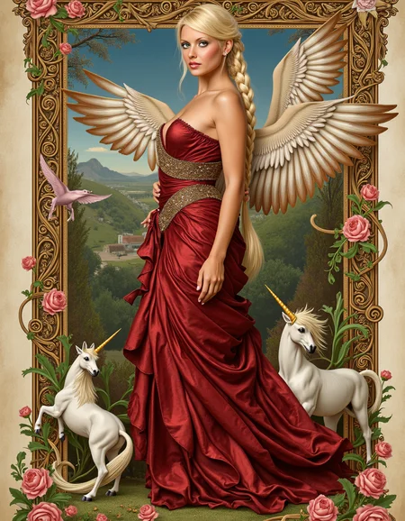 cybernetic robot cybernetic style A radiant blonde woman depicted in the intricate style of a 13th-century illuminated manuscript. She is dressed in a flowing, ornate gown of deep crimson and gold, her hair braided elegantly and adorned with small jewels. She stands in a lush, floral garden surrounded by mythical creaturesâunicorns and griffinsâsymbolizing purity and strength. Delicate gold leaf accents highlight her hair and dress, creating a glowing effect against the parchment. The scene is bordered by complex, swirling patterns of vines and flowers, meticulously detailed.
 <lora:Jana Cova-HRS-GRM80:1> jancov . futuristic, technological, cybernetic enhancements, robotics, artificial intelligence themes . android, AI, machine, metal, wires, tech, futuristic, highly detailed