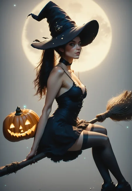safe_pos, score_9, score_8_up, score_7_up, realistic, masterpiece, best quality, absurdres, vibrant, highly detailed, gorgeous, sexy, enchanting, 
BREAK 
SeijV2, high ponytail, open hair, reij-bewitched, black dress, black choker, black platform shoes, black stockings, black hat, pumpkin hatdetail, (smile:0.6), skin details, detailed eyes, r1dingbroom, broom riding, broom, looking at viewer
BREAK 
Jed-dtl, depth of field, high contrast, film grain, Rim Lighting, night, starry sky, (full moon:1.5)