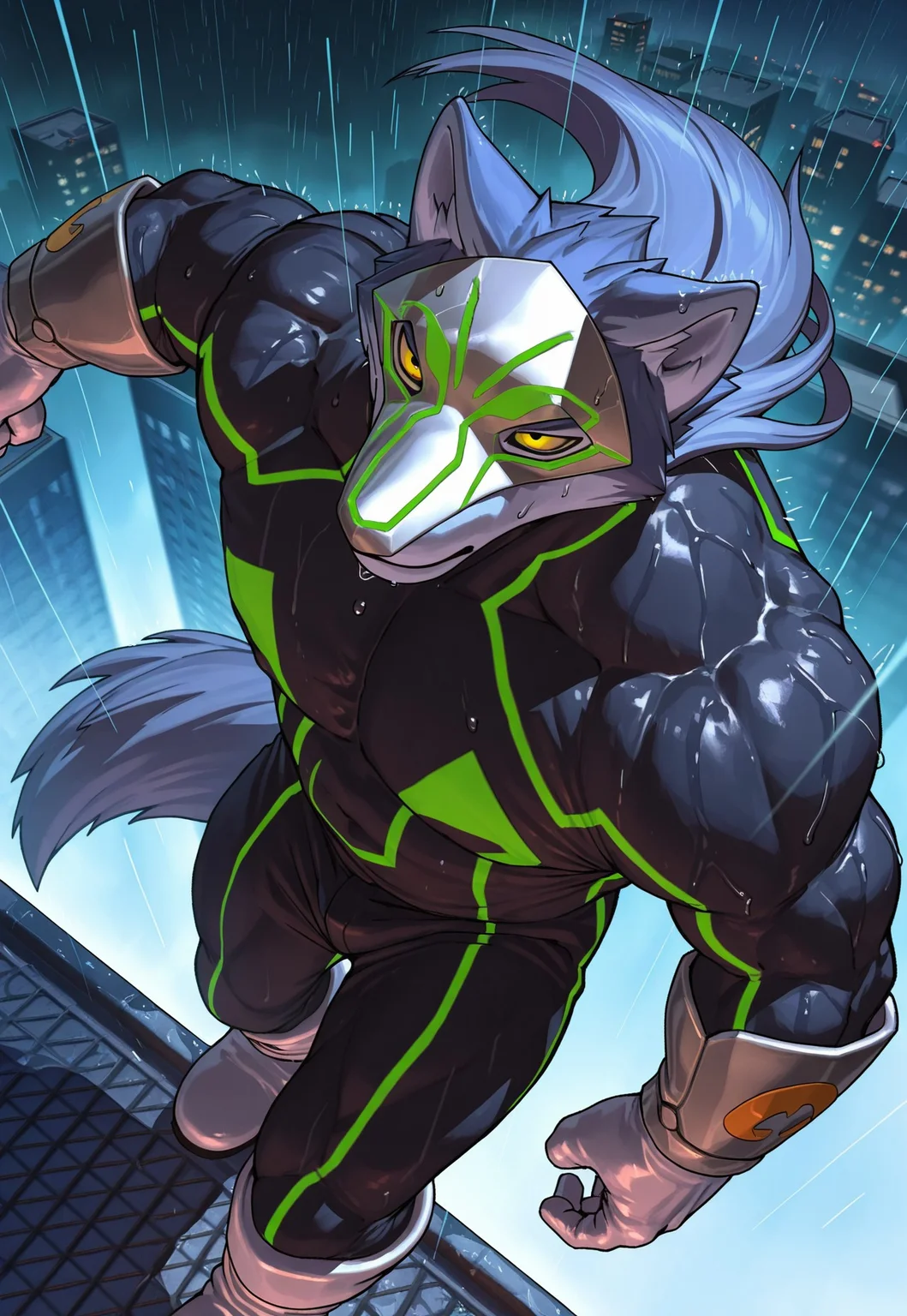 1boy, crywolf, solo, muscular, wolf boy, yellow eyes, long hair, tail, green mask, bodysuit, gloves, boots, rooftop chase, gotham-like city, raining, motion blur, cinematic action, portrait shot, from above, dynamic angle, dutch angle, masterpiece, best quality, amazing quality