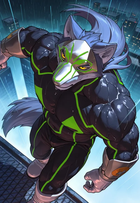 1boy, crywolf, solo, muscular, wolf boy, yellow eyes, long hair, tail, green mask, bodysuit, gloves, boots, rooftop chase, gotham-like city, raining, motion blur, cinematic action, portrait shot, from above, dynamic angle, dutch angle, masterpiece, best quality, amazing quality