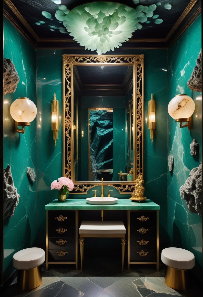 a cabaret singer's smoky dressing room within a crystal cavern; the cavern wall is a granite blend of obsidian, quartz, and jade. (The room is illuminated by a pair frosted-jade or soapstone sconces, inset into the wall on either side of a vanity mirror). Several beautiful and varied ao dai dresses hang from a clothing rack next to an ornate armoire. the neo-noir ambience combines a sense of intrigue with opulence. UNDER THE OCEAN