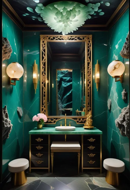 a cabaret singer's smoky dressing room within a crystal cavern; the cavern wall is a granite blend of obsidian, quartz, and jade. (The room is illuminated by a pair frosted-jade or soapstone sconces, inset into the wall on either side of a vanity mirror). Several beautiful and varied ao dai dresses hang from a clothing rack next to an ornate armoire. the neo-noir ambience combines a sense of intrigue with opulence. UNDER THE OCEAN