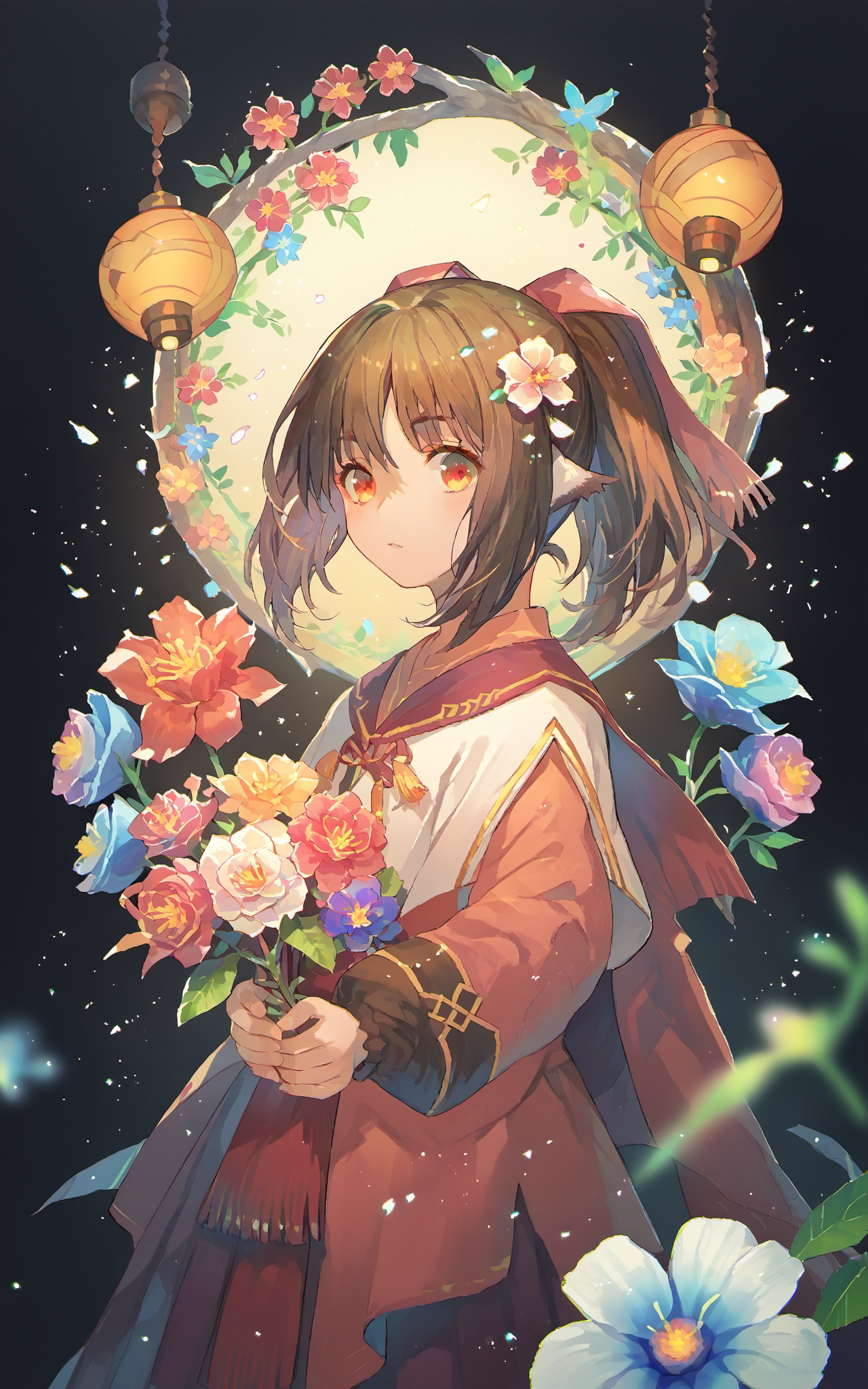 score_9,score_8_up,score_7_up,score_6_up,score_5_up,score_4_up,source_anime,1girl,<lora:Nekoneutawarerumono_pony:1>,nekone \(utawarerumono\),nekone_formal,<lora:fuzichoco_style_pony-000010:0.4>,fuzichoco_style,colorful,light particles,flower,