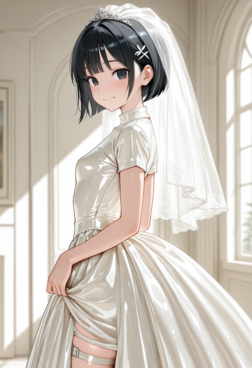 masterpiece,best quality,amazing quality, very aesthetic, ((outlined outlined vector graphics)), cute face, (glow eyes:0.5) ,  from side,  looking at viewer ,beautiful scenery,
1girl,
20yo, black hair, black eyes, short bob hair, hair pin,small breast, slender,(white thigh strap:1.1),bangs
,
happy  , latex wedding dress,latex-wedding-dress, veil, wedding dress,short sleeve  <lora:latex-wedding-il-01:0.8>