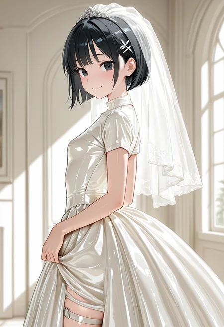 masterpiece,best quality,amazing quality, very aesthetic, ((outlined outlined vector graphics)), cute face, (glow eyes:0.5) , from side, looking at viewer ,beautiful scenery,
1girl,
20yo, black hair, black eyes, short bob hair, hair pin,small breast, slender,(white thigh strap:1.1),bangs
,
happy , latex wedding dress,latex-wedding-dress, veil, wedding dress,short sleeve <lora:latex-wedding-il-01:0.8>