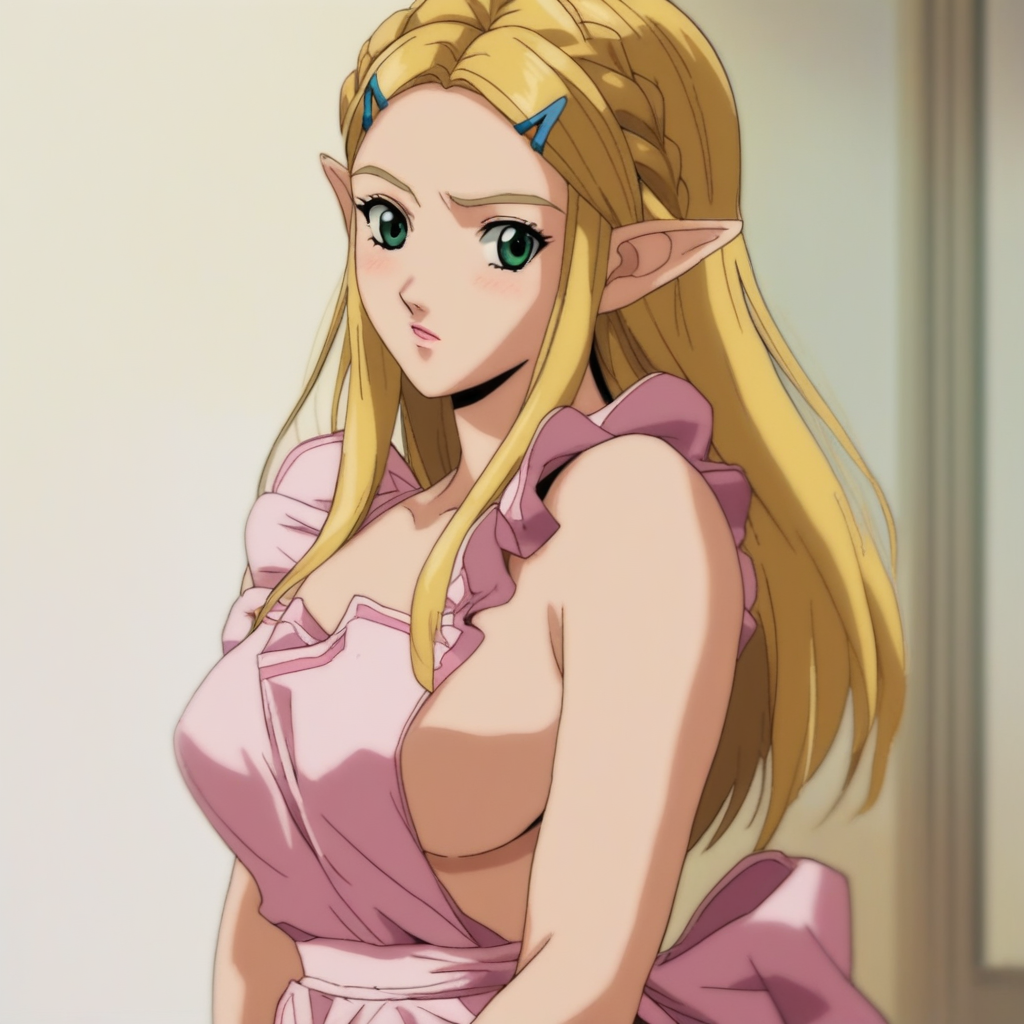 source_anime, GT4ST3, GTaste_Style,((score_9)),score_8_up,score_7_up,score_6_up,score_5_up,score_4_up, retro_artstyle, anime style, 1woman, Princess Zelda, blonde hair, large breasts, green eyes, naked_apron, looking at viewer, facing viewer, masterpiece, best quality, highres, best illumination, depth of field,