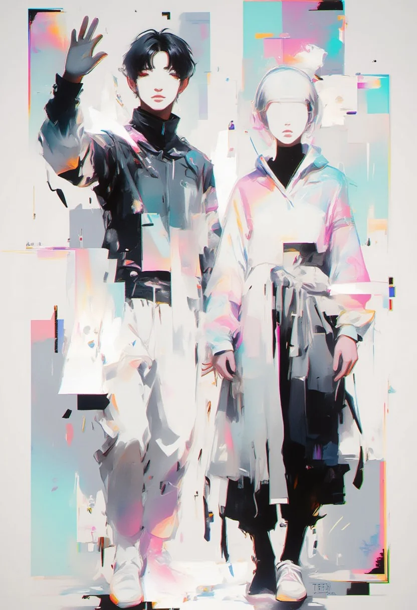 aidmaimageupgrader, male and female character framed by geometric shapes, glitchcore aesthetic, white space dominance, minimalist design, soft gradients, glowing holographic lines, fragmented glitch effects, subtle neon overlays, abstract symmetry, futuristic fashion with clean lines, muted color palette, digital distortion around edges, serene atmosphere, faded visual artifacts, worn textures, dreamlike holographic glow, delicate composition, degraded digital aesthetics, quiet focus, ethereal ambiance,pscho_4rt
