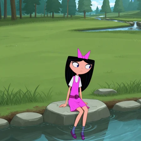 masterpiece, best quality, screenshot, break, isabella_gs, black hair, long hair, hair bow, blue eyes, shirt, dress, belt, sitting, stone, grass, stream,