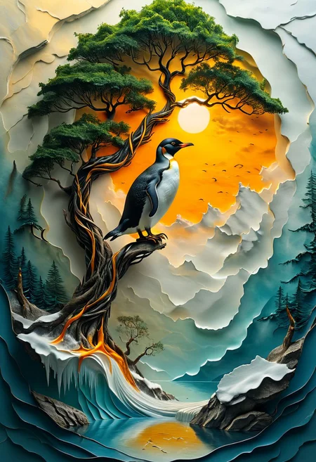 ral-tr33brnch, Arttrttrt, extreme Long Shot, masterpiece, intricate detail, best quality, absurd resolution,
This fantastical oil painting depicts a single penguin on an iceburg at sunset with clouds casting shadows across the sky. The setting sun bathes the scene in a warm golden light creating an ethereal atmosphere. The penguin is painted with incredible detail each individual scale visible under the artist's skilled hand. The clouds in the background are depicted in a gradient of colors from soft yellow and oranges to deep blues and gold adding to the dreamlike quality of the scene. The overall style is reminiscent of fantasy art with a focus on intricate details and a sense of wonder. The image is a true masterpiece showcasing the artist's exceptional skill in capturing the beauty and majesty of nature in a surreal and imaginative way. dramatic light and colors,
embossing, 2d, papercraft, sculpture, polar background, iceburg, sea, icy and snowy, <lora:artfullyTREETTREET_SDXL_V1:1> <lora:ral-tr33brnch-sdxl:0.5>