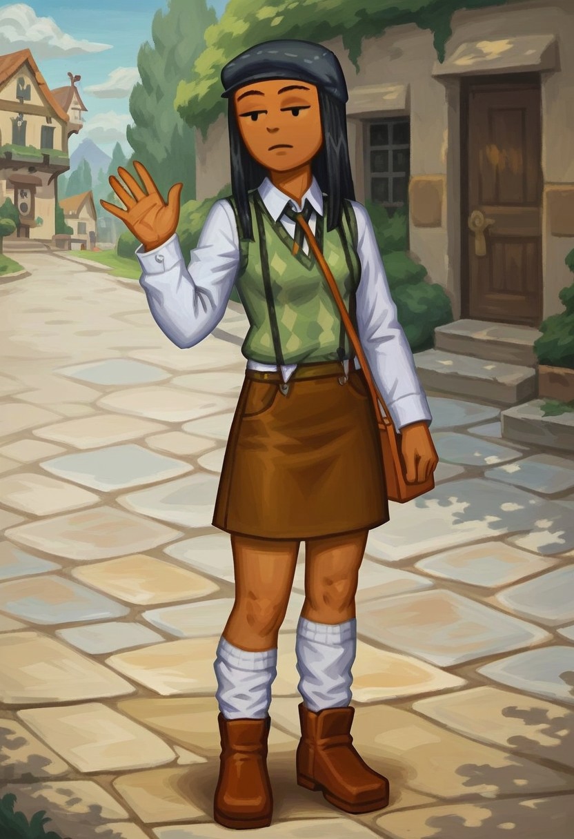 score_9_up, score_8_up, score_7_up, score_6_up, 1girl, solo, J3nny_MySims, dark-skinned female, adult, long black hair, sweater vest, long-sleeved shirt, skirt, suspenders, white socks, brown footwear, hat, shoulder bag, jitome, expressionless, waving, standing, outdoors, quaint town, (realistic, painted art)