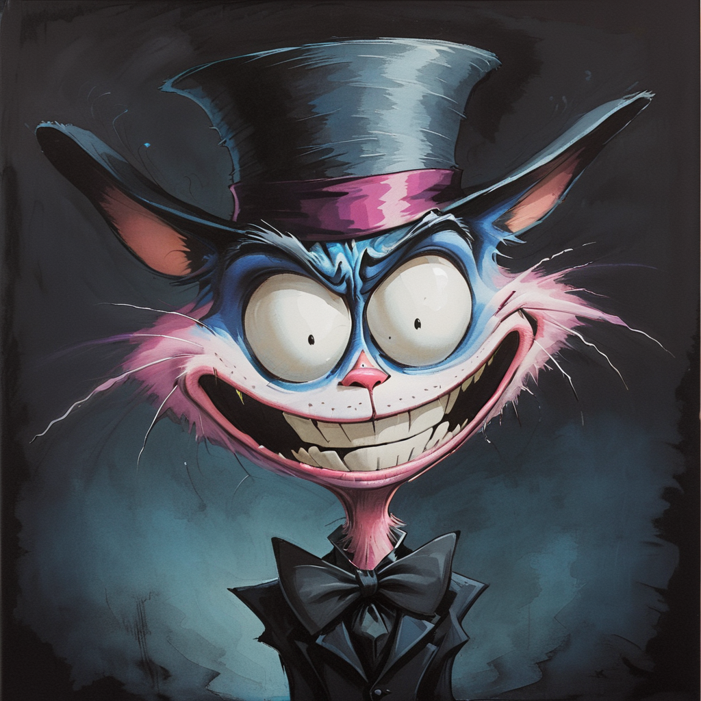 <lora:Expressionism_CartoonsSDXL:1> Expressionism Cartoons, The image shows a cartoon of a Cheshire Cat wearing a top hat and bow tie against a dark background., hat, top hat, solo, bowtie, bow, smile, grin, furry, animal ears, looking at viewer