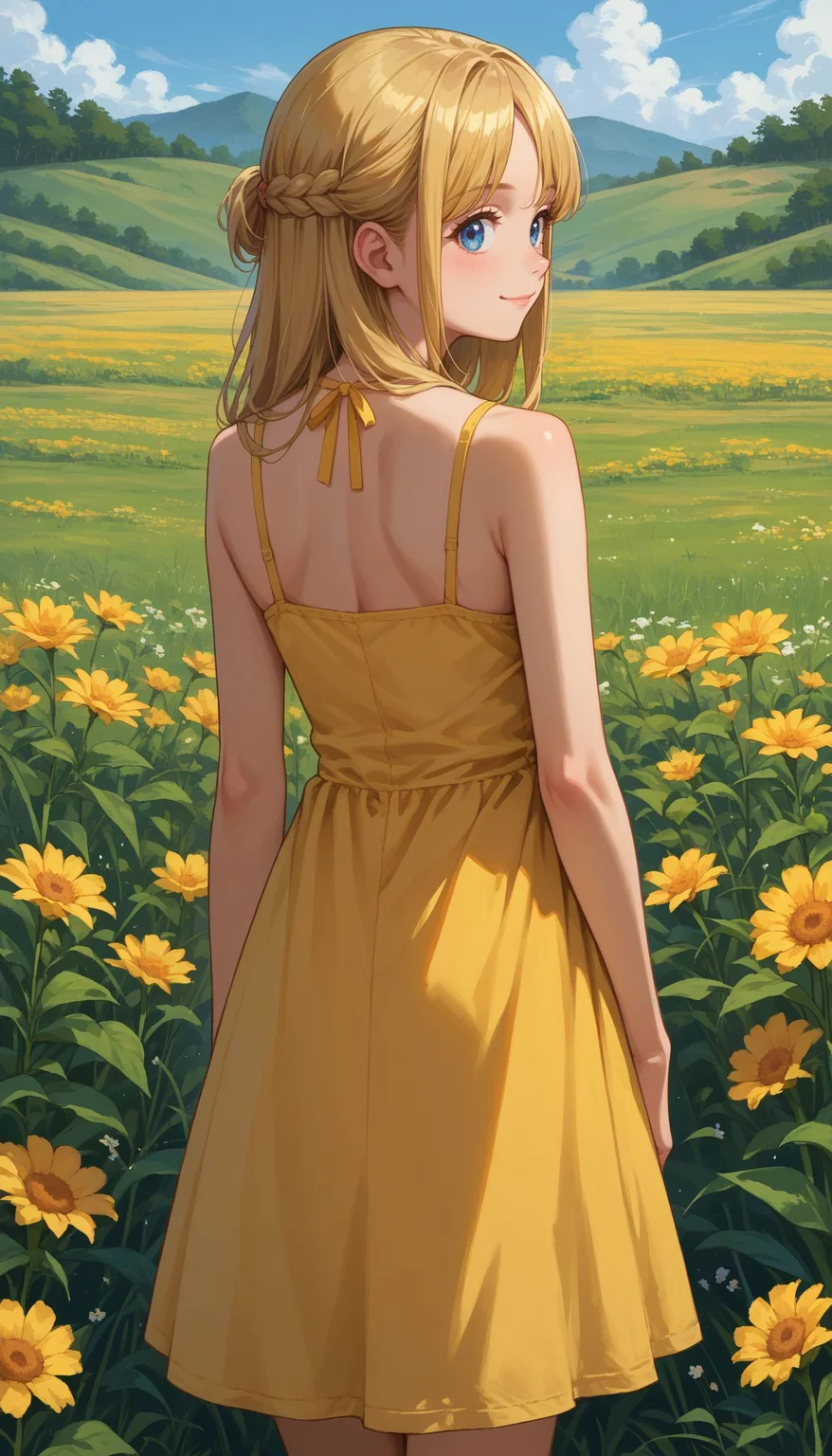 score_9, score_8_up, score_7_up, source_anime,
<lora:Sailor Venus:0.7> , aino minako, blonde hair, blue eyes,
from behind, solo, 1girl, smile, looking back, , yellow sundress, bare shoulders, outdoors, flower field
