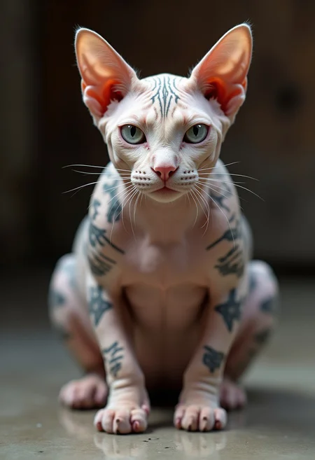 Bald cat, hairless cat, with tattoes, tattoes on body, complety bald, fat, covered with tattoes, thick body, funny look, thounge out, small legs, ugly and funny look