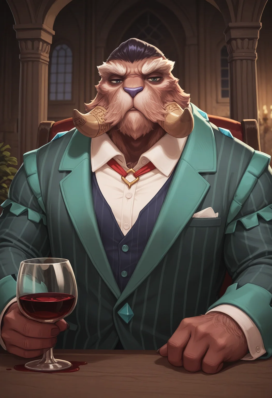 masterpiece, best quality, amazing quality, very aesthetic, absurdres,
jullnxl, male, walrus, anthro, mammal, solo, suit, clothed, muscular, musclegut, sitting, upper body, smirk, holding wine glass, mansion <lora:Jull_Underlords:0.7>