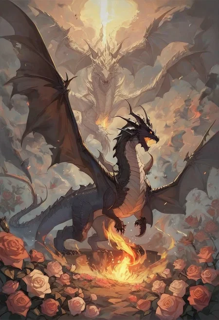 (masterpiece), (best quality), source_anime+, perfect anatomy, HD, 10k Res, digital_media_(artwork) hi_res, intricate, high quality, amazing quality, (noir, fantasy) theme, (1 feral white dragon, breathing fire), (rose, plains), Drestoria-Style_V1