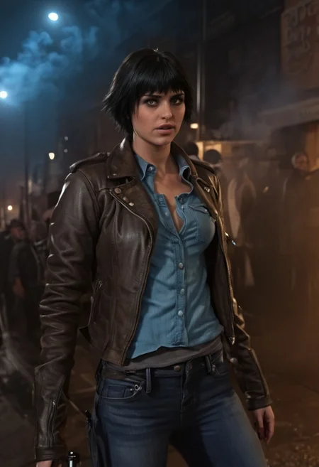 1girl, short hair, baseball cap, black hair, brown leather biker jacket, blue shirt, jeans, outside, glass, bakery, busy, people, gear, armor, rough, dark, night, fear, dark city, glow, smoke, <lora:devil_may_cry_xl_3:1>